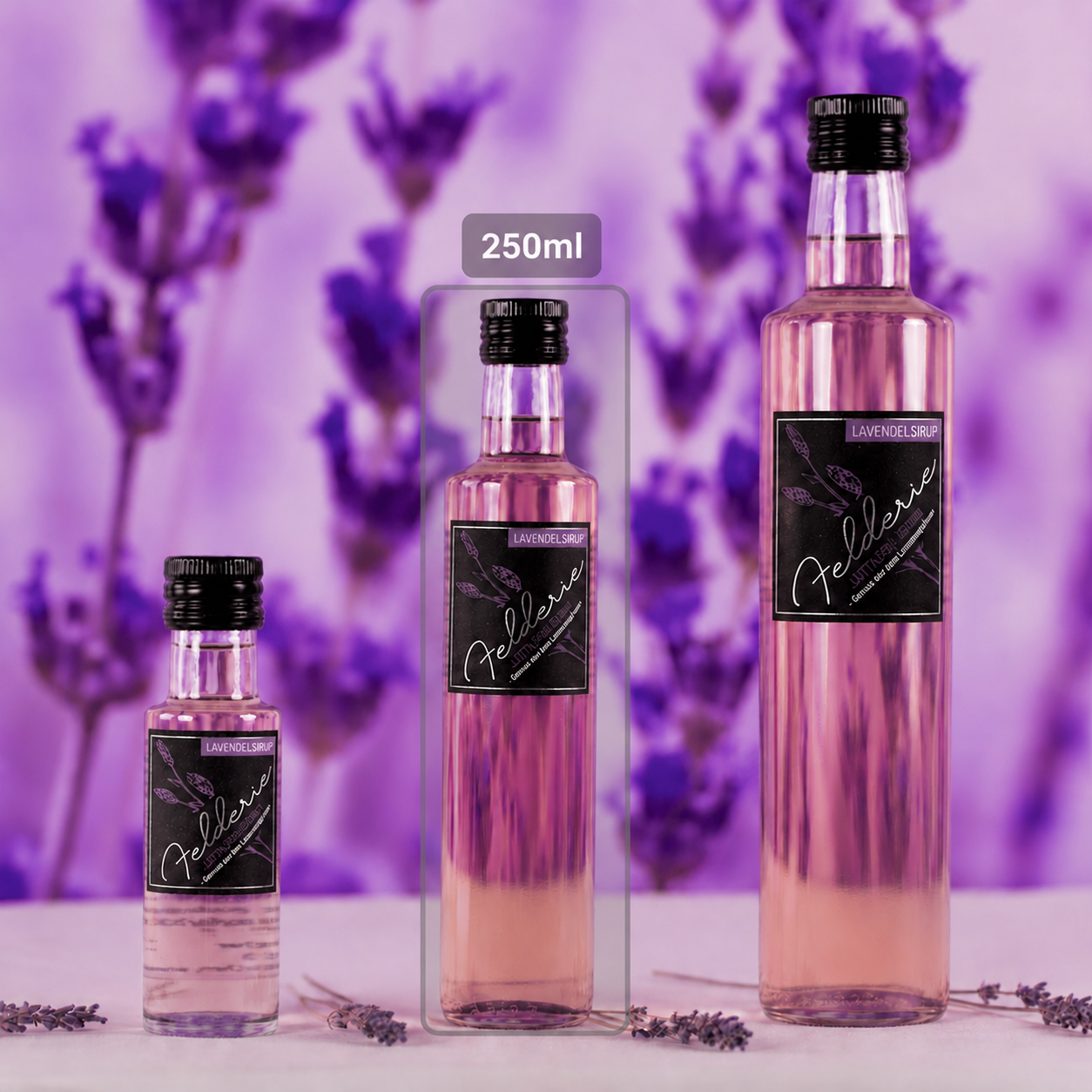 Lavendel Sirup 100ml 250ml 500ml Felderie Lavendel Hintergrund 250ml markiert